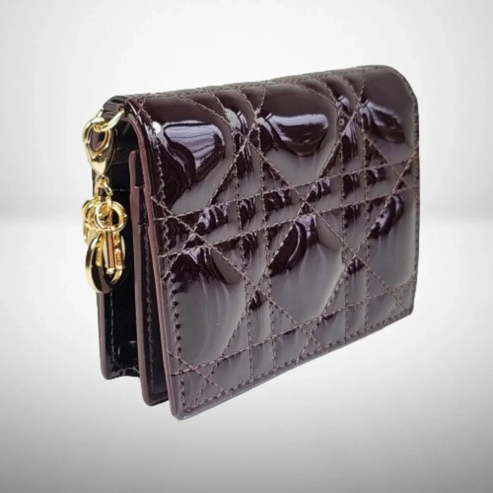 CHRISTIAN DIOR BURGUNDY WINE PATENT CANNAGE WALLET WITH REMOVABLE CHARM